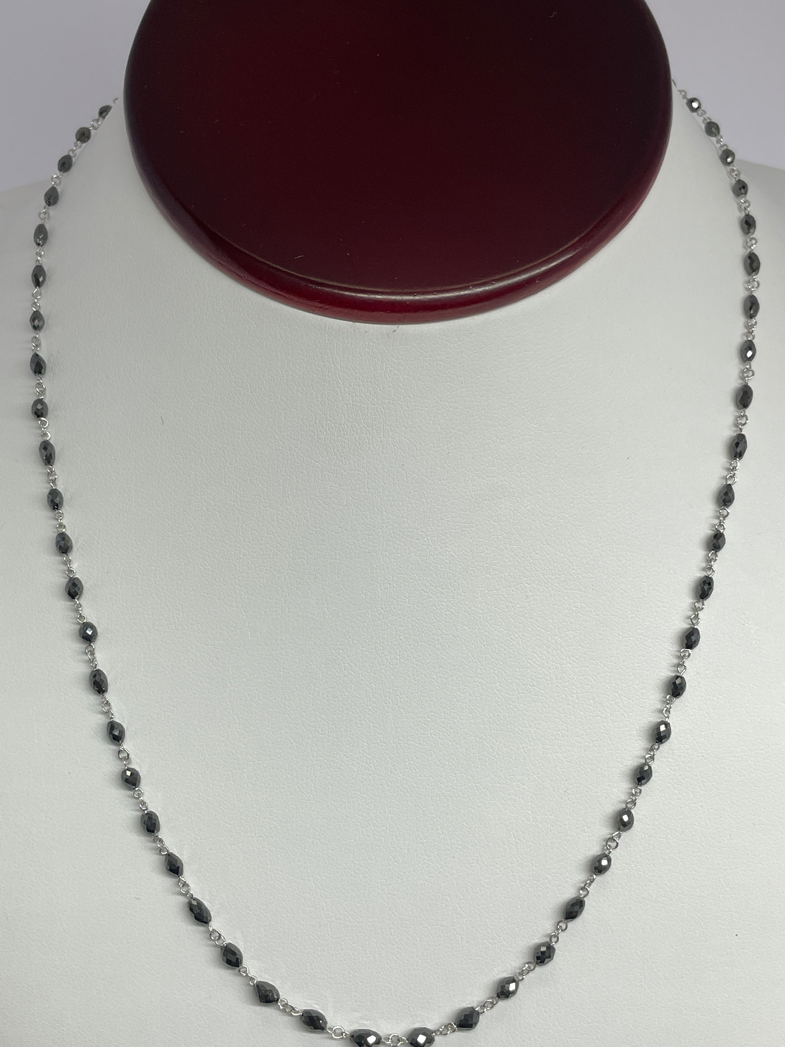 Black Diamond Oval Beads, 18K White Gold Necklace, Diamond Faceted Beads, 18" Inch Necklace, Oval Cut Beads Necklace