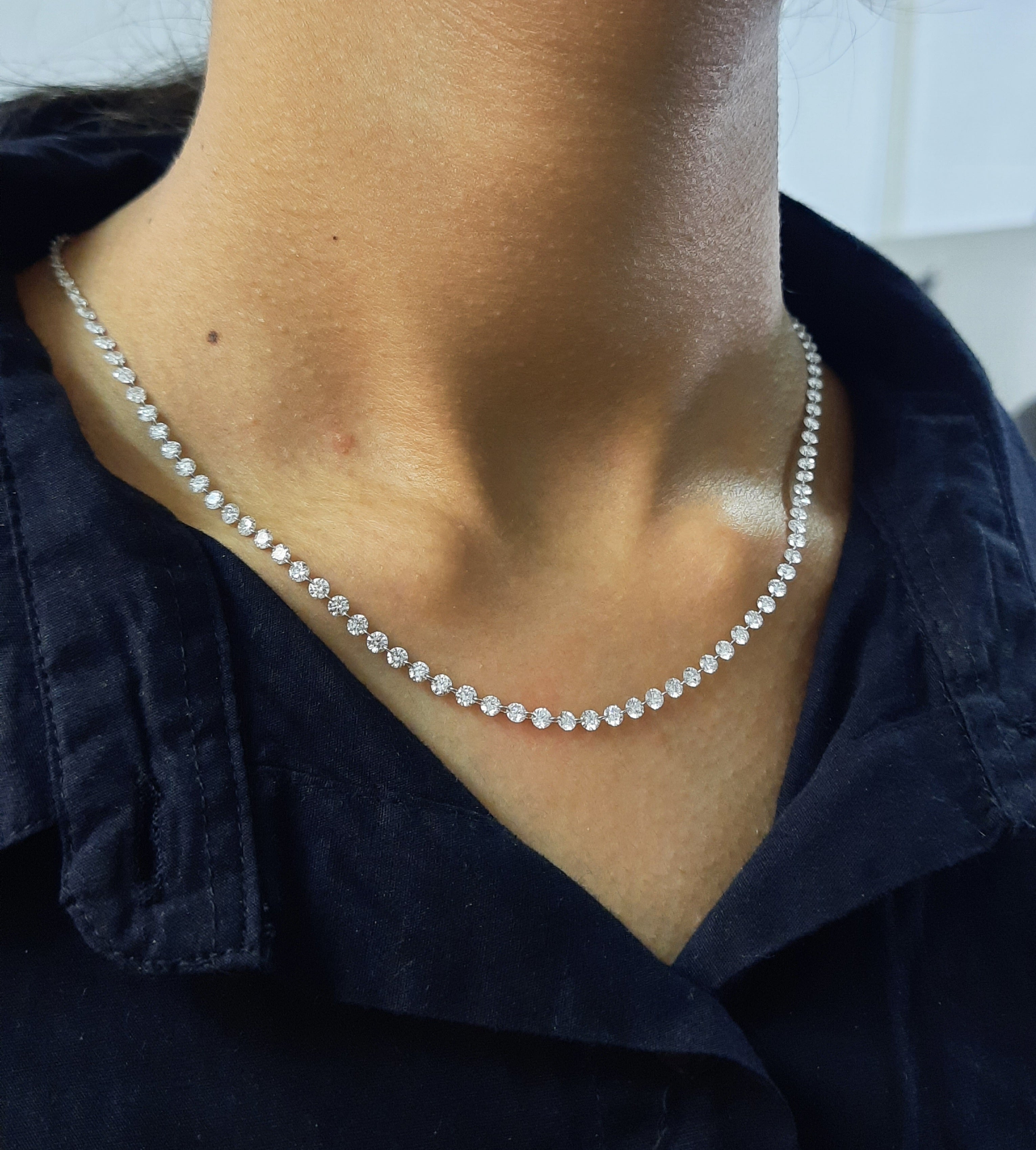 11 Ct Lab Grown Diamond Tennis Necklace: 14k White Gold, 18 Inch , Drilled Diamond , 2.9 MM Gold.