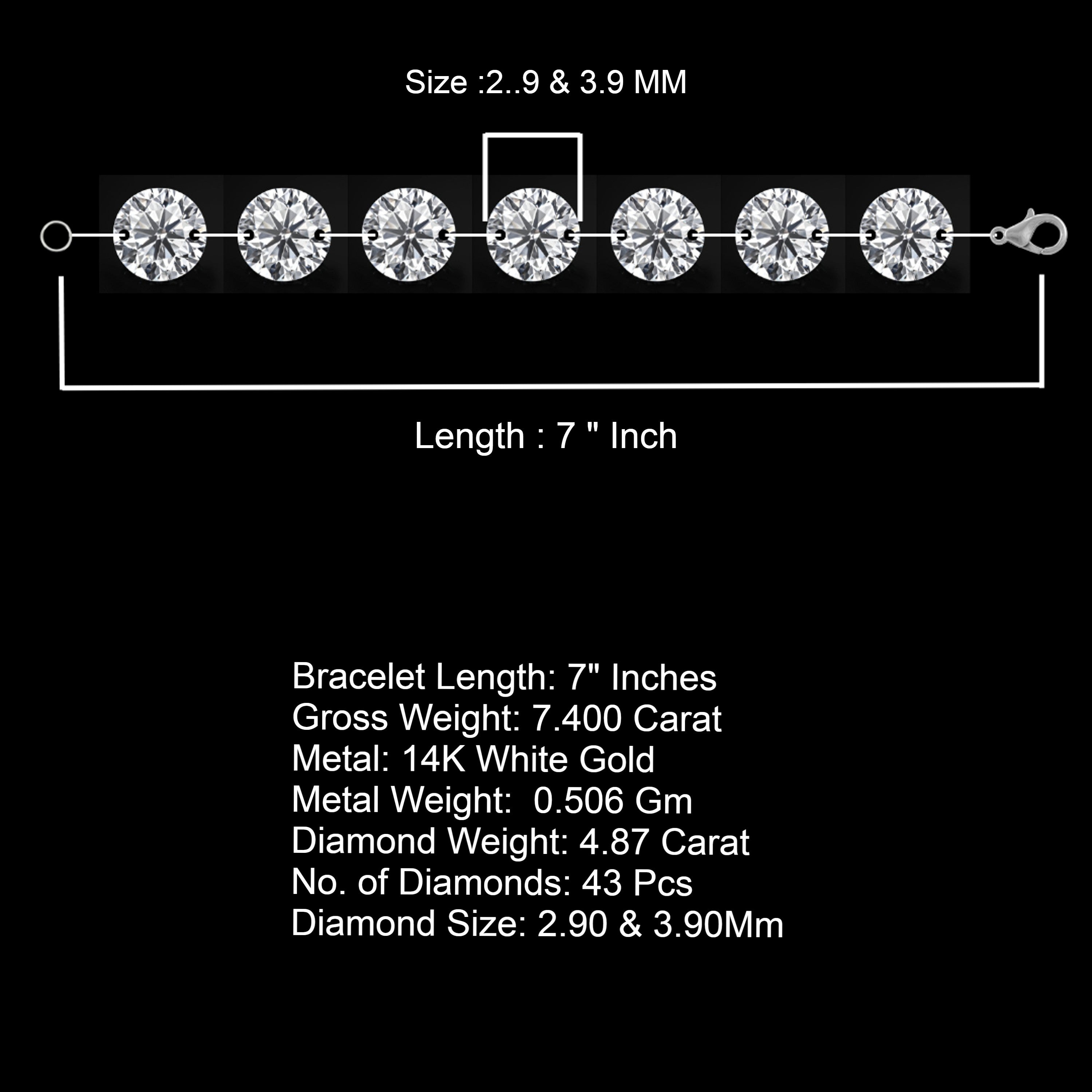 4.87 Ct Lab  Drilled Diamond Bracelet 14K Gold, 7" Inch  2.9 and 3.9 mm Diamonds
