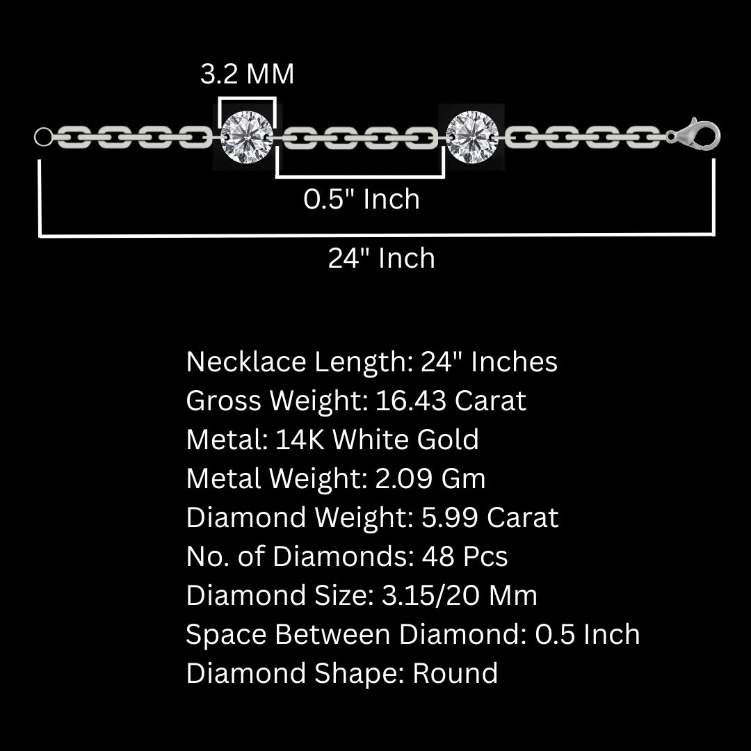 24 Inch Yard Diamond Necklace for Women made by Lab Diamonds 5.99 carat Size 3.15/20 mm