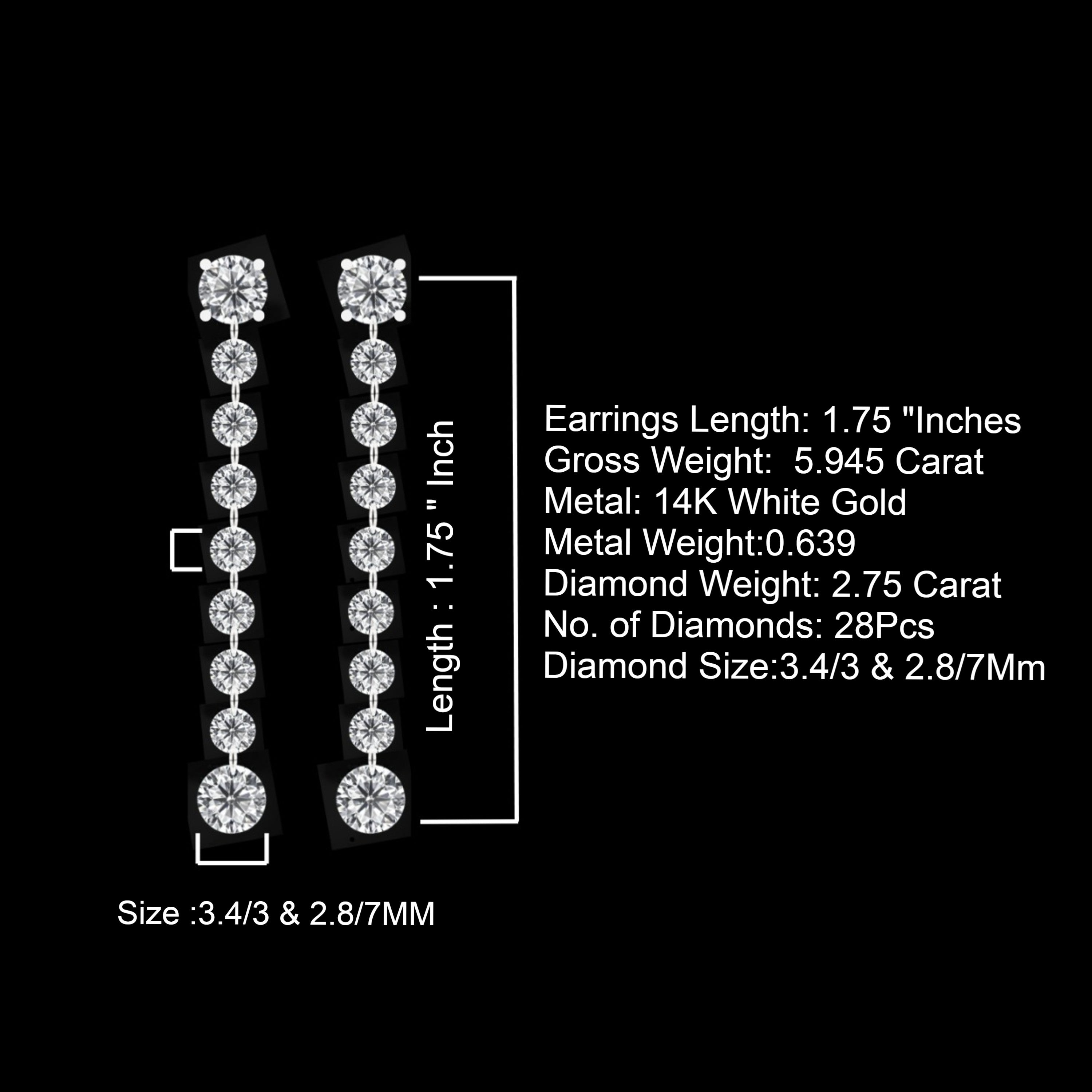 3.4 to 2.7 Mm 14K Gold Dangle Earring 1.75 Inch