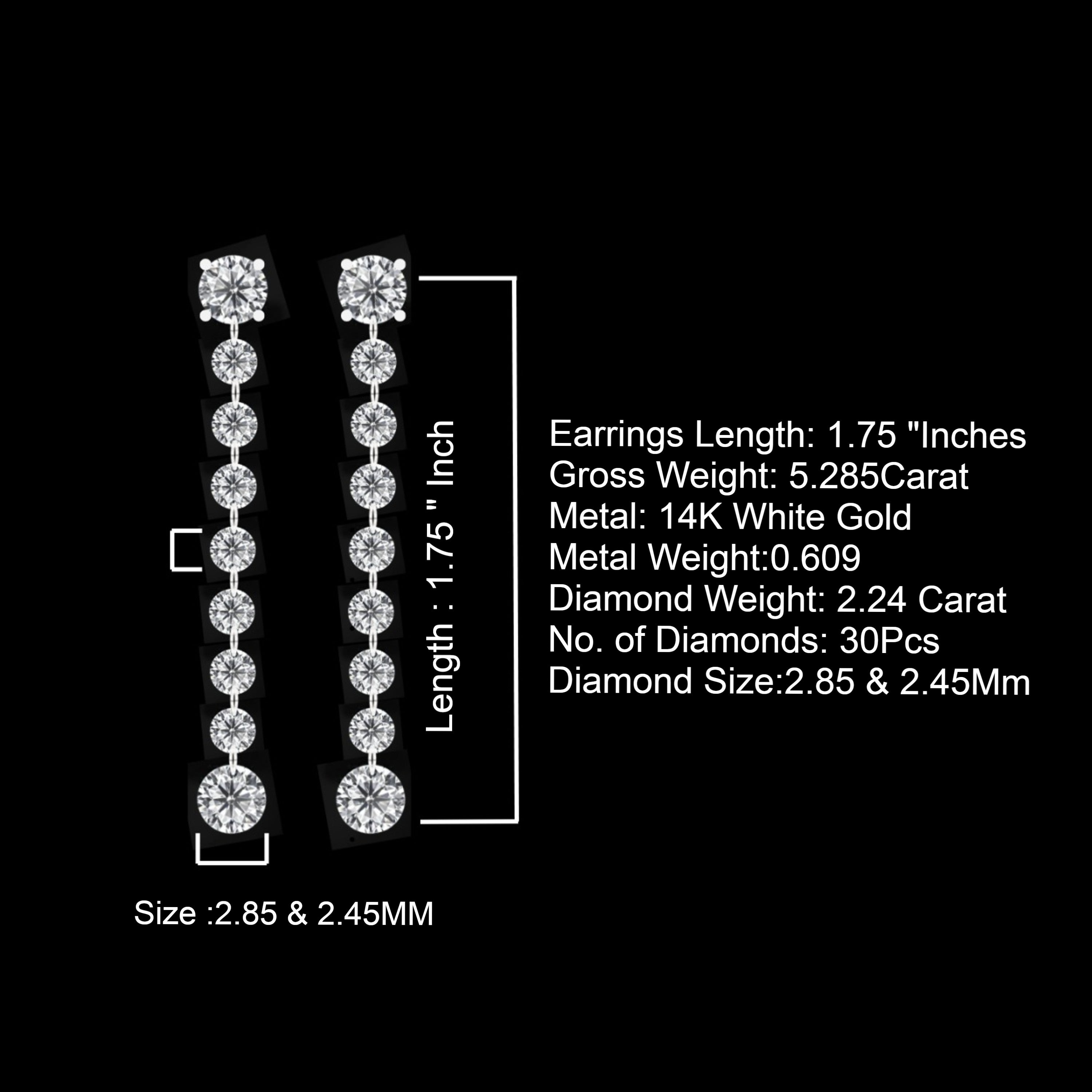2 Ct Lab Grown Drilled Diamond Earring  / 14k gold  2.85 To 2.45 Mm Lab Diamonds