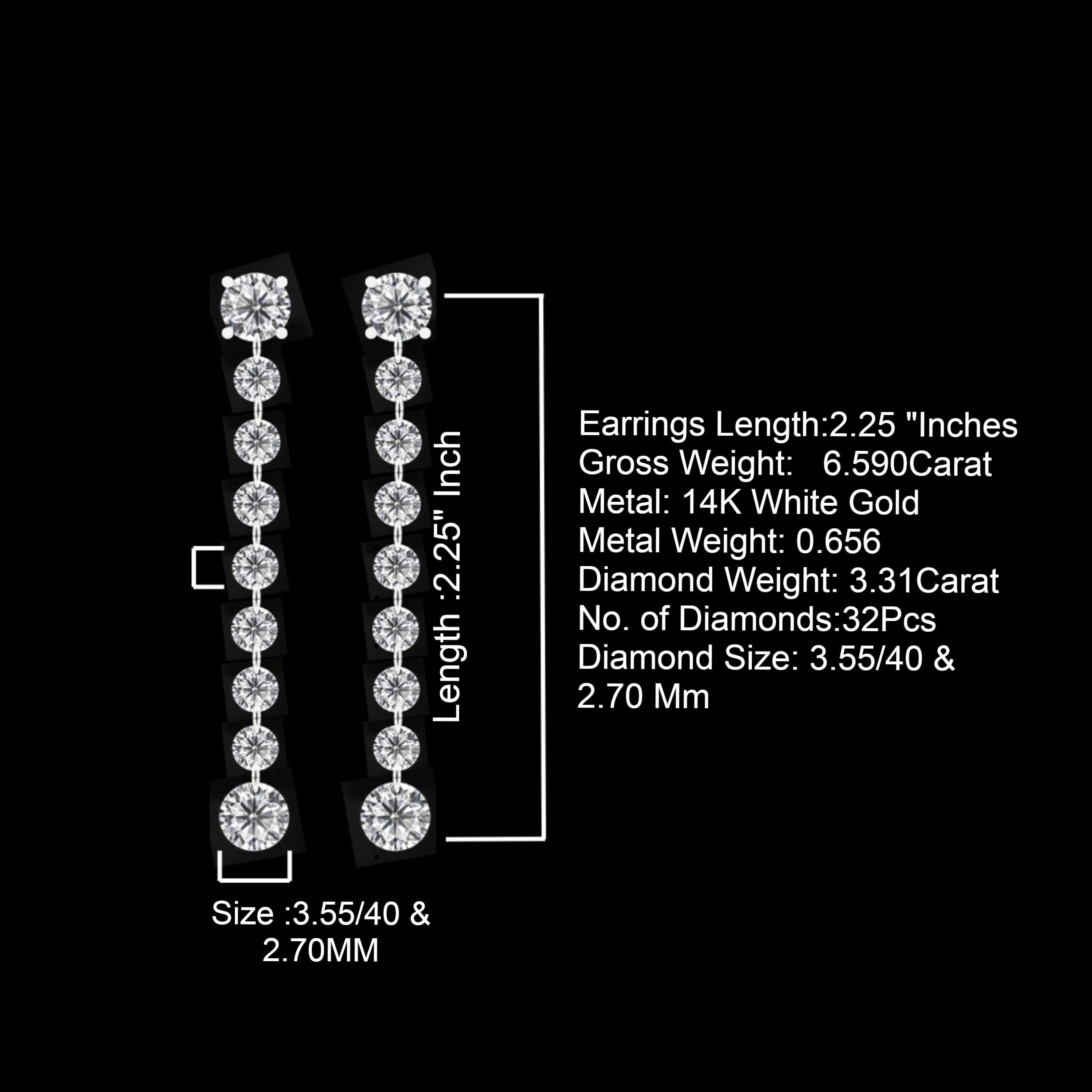 3.55/40 & 2.70Mm  2.25 inch Drilled Diamond Earrings for Women 14k
