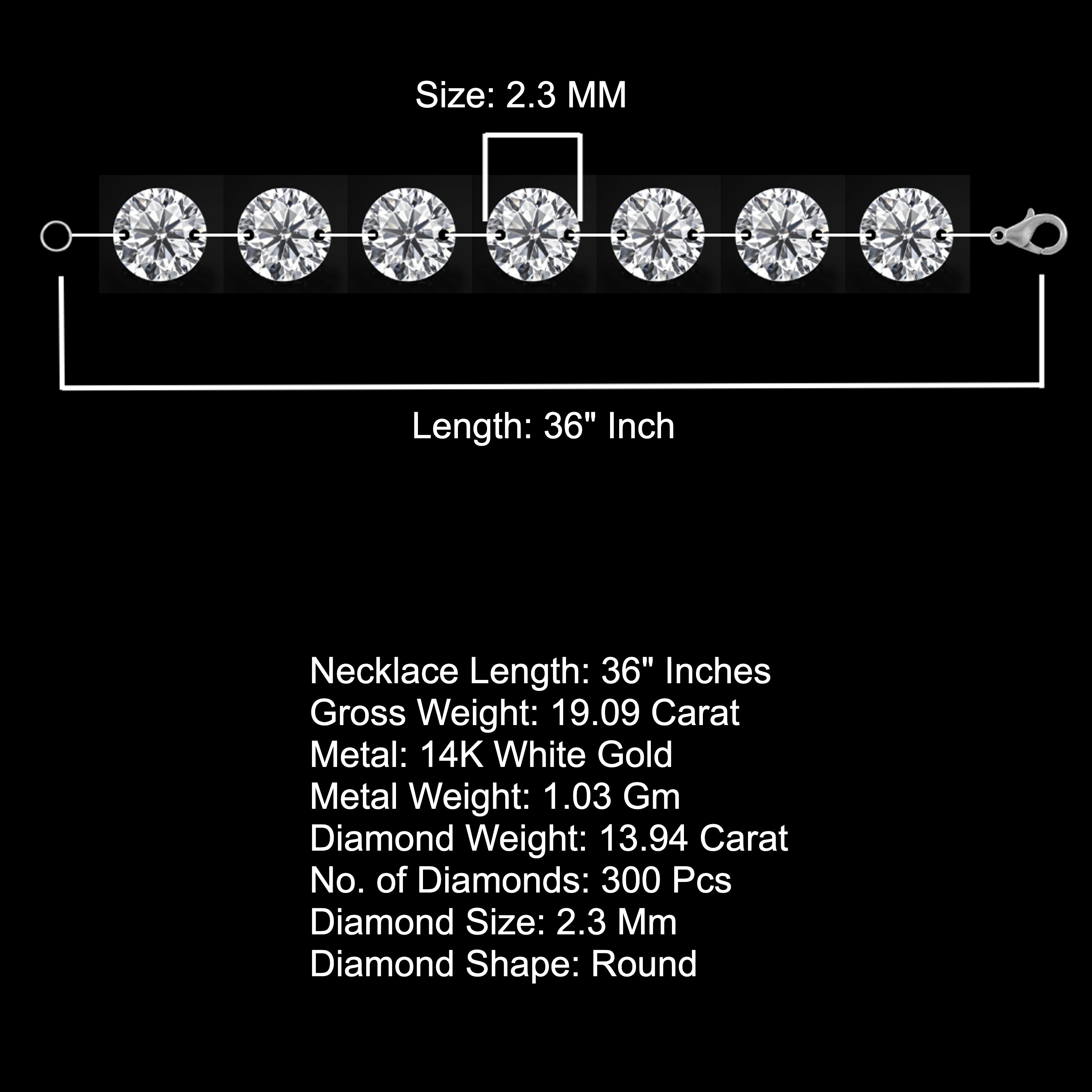 36 Inch Lab Grown Diamond Tennis Necklace for Women by 14k Gold, 13.94 ct, Size 2.3 mm