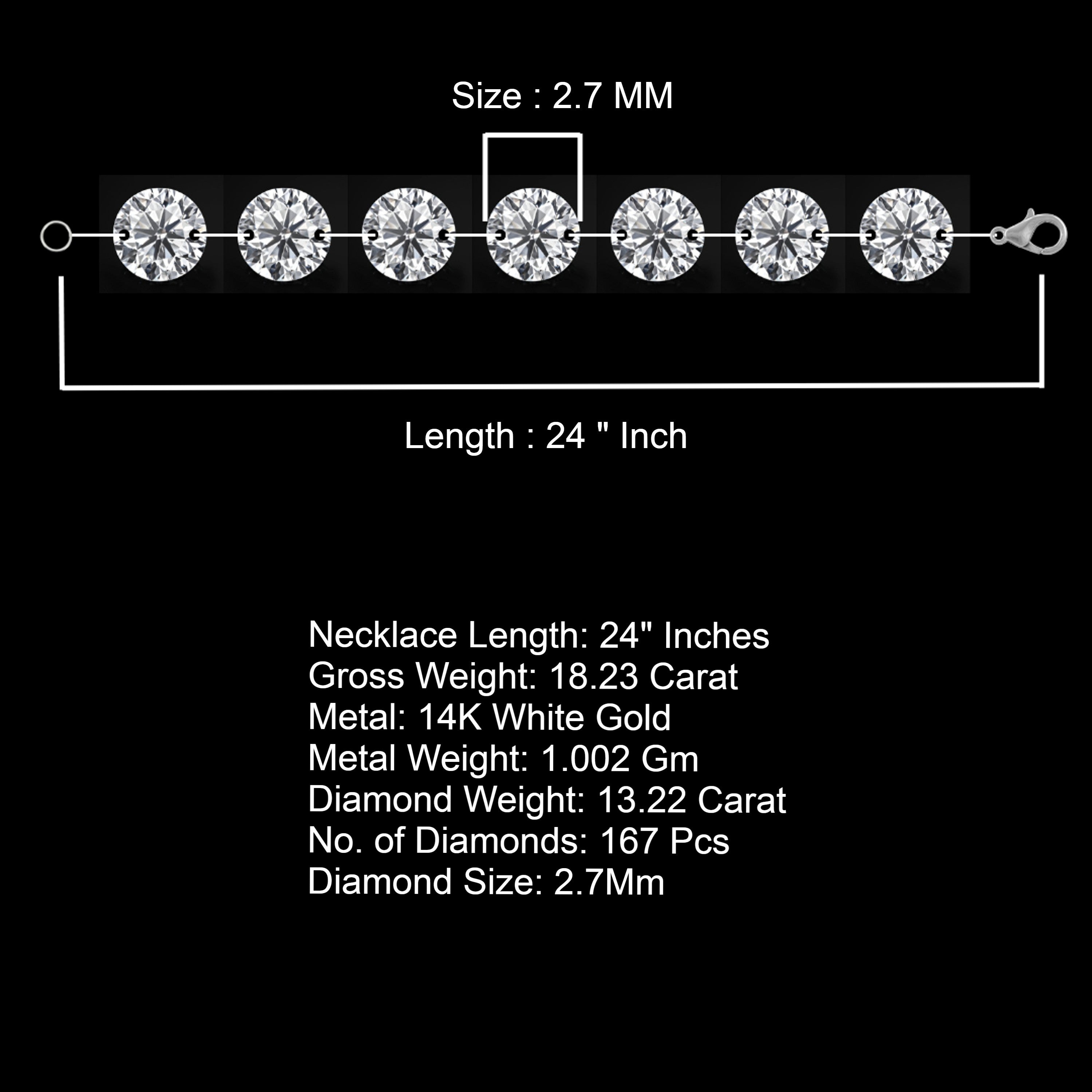 13 Ct Drilled Diamond Tennis Necklace by Lab Grown Diamonds. 24"Inches 14k Gold, 2.7 MM