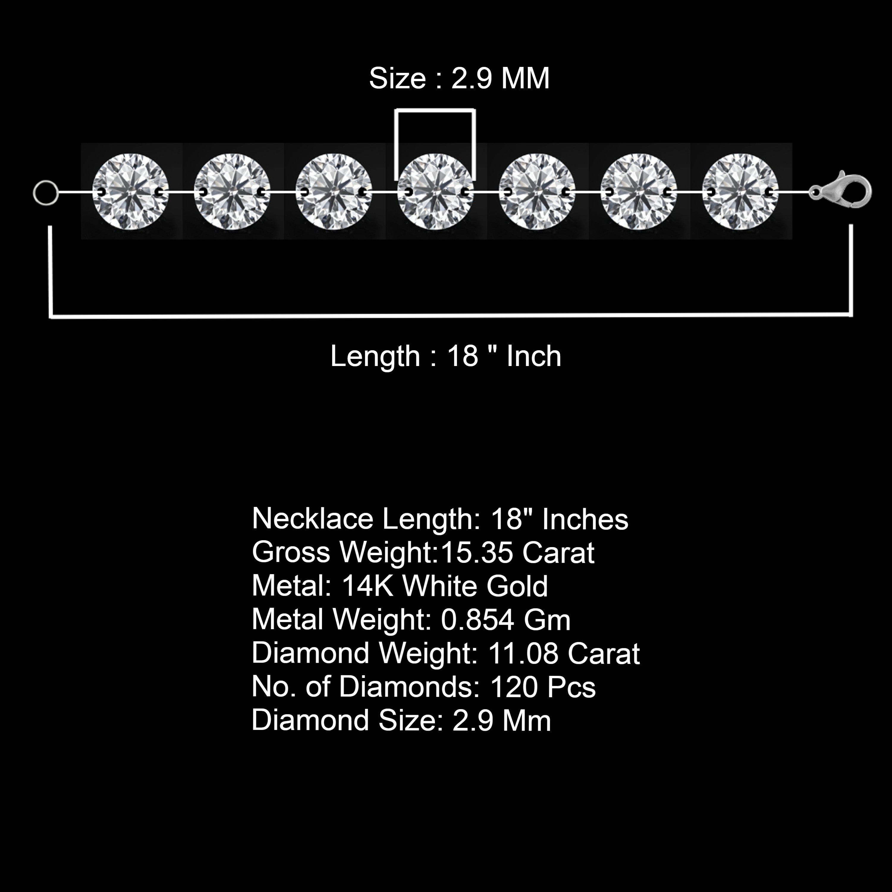 11 Ct Lab Grown Diamond Tennis Necklace: 14k White Gold, 18 Inch , Drilled Diamond , 2.9 MM Gold.