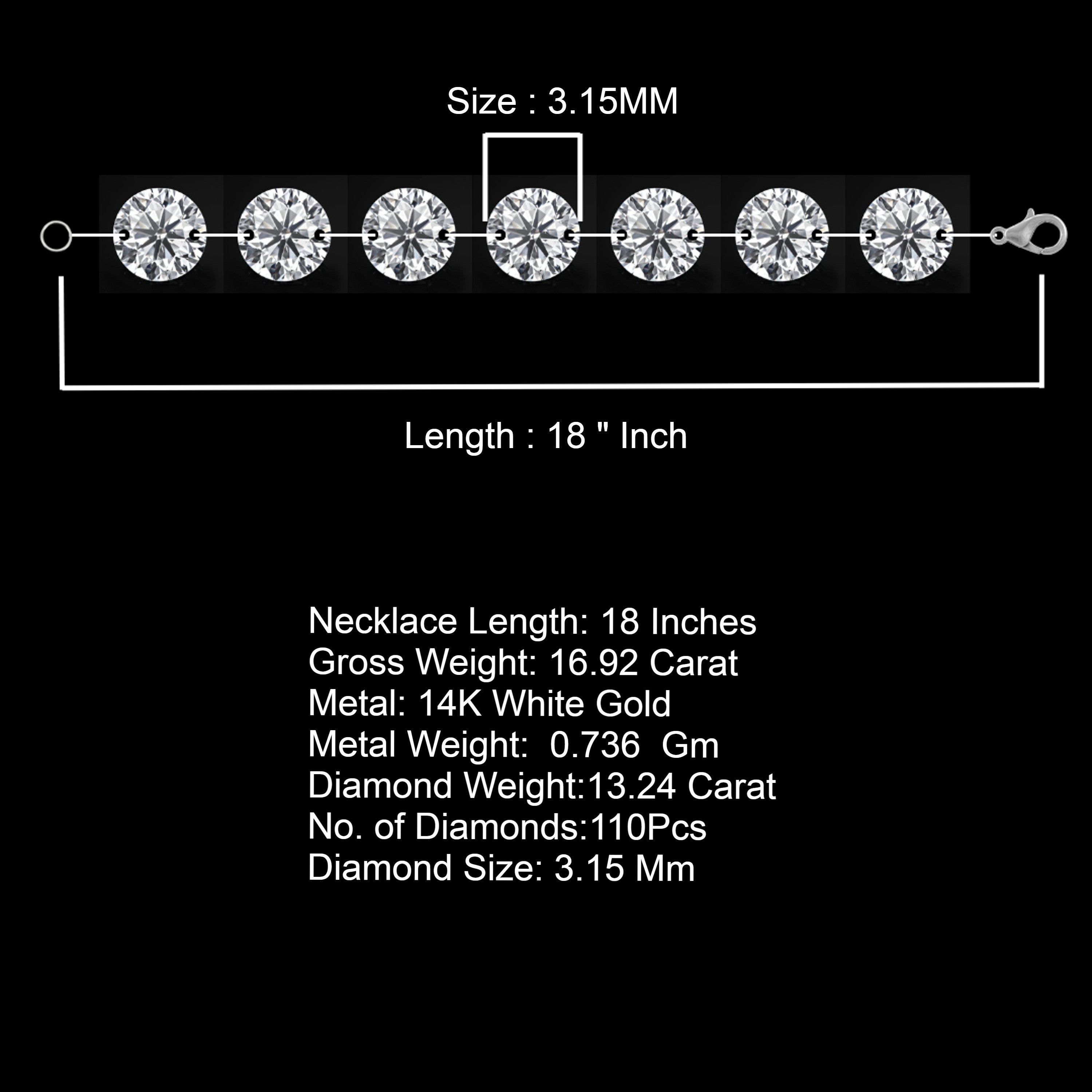 13 Ct Lab Grown Diamond Tennis Necklace: 14k White Gold, 18-Inch Diamond Necklace Tennis
