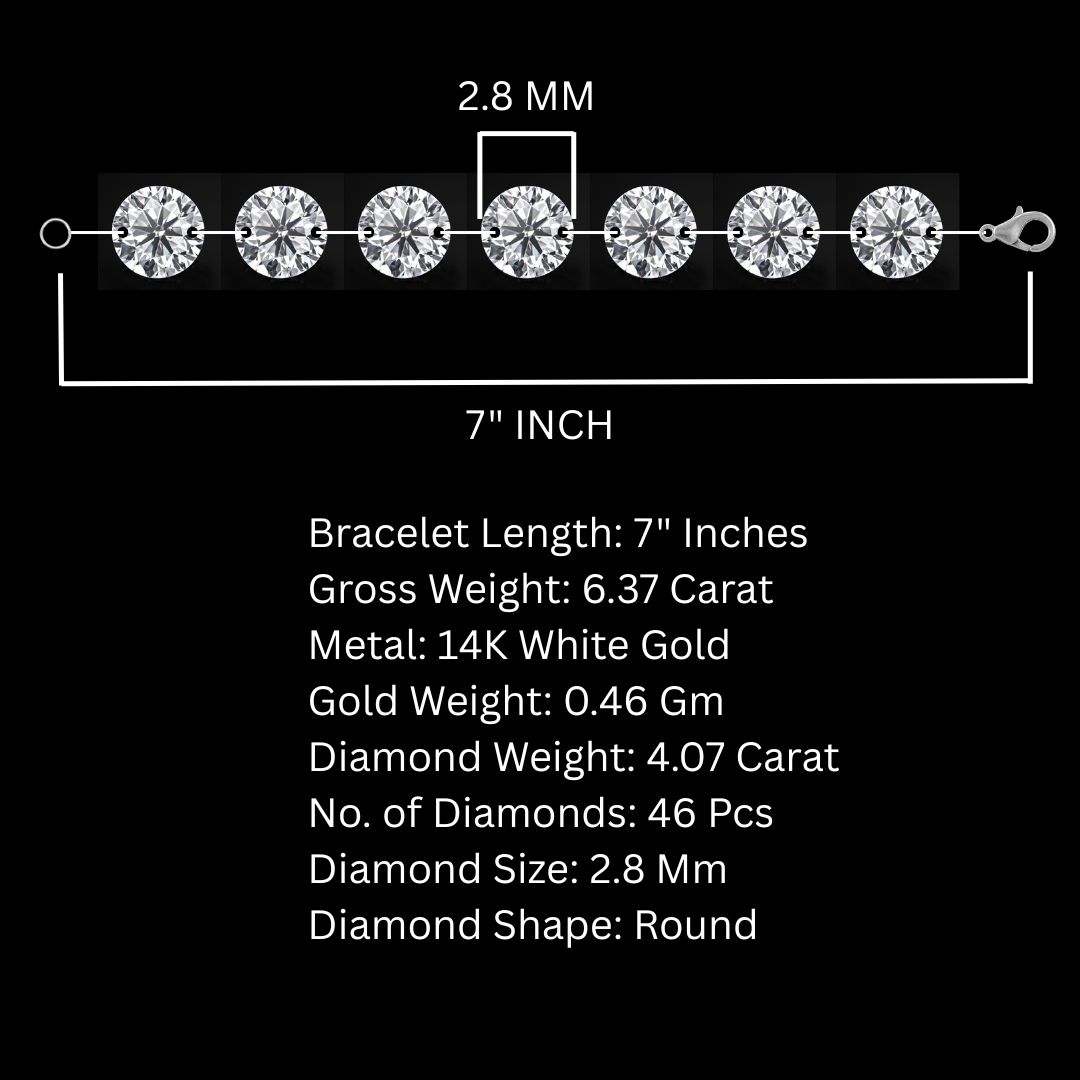 7'' Inch, 2.8 Mm Diamond Tennis Bracelet, 14k White Gold 4.07 Ct Beautiful Diamond Bracelet