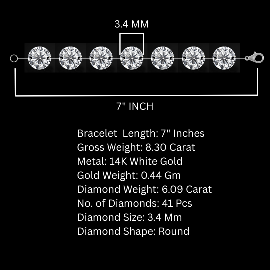 7 Inch Size 3.4 mm Tennis Bracelet for Women made by 6.09 carat Lab Diamonds Necklace