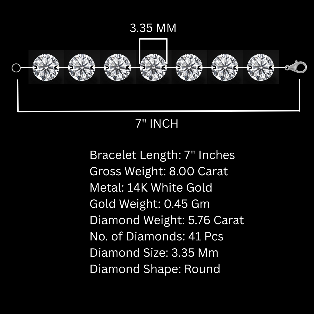 7 Inch Tennis Bracelet for Women made by Lab Diamonds 5.76 carat Size 3.35 mm