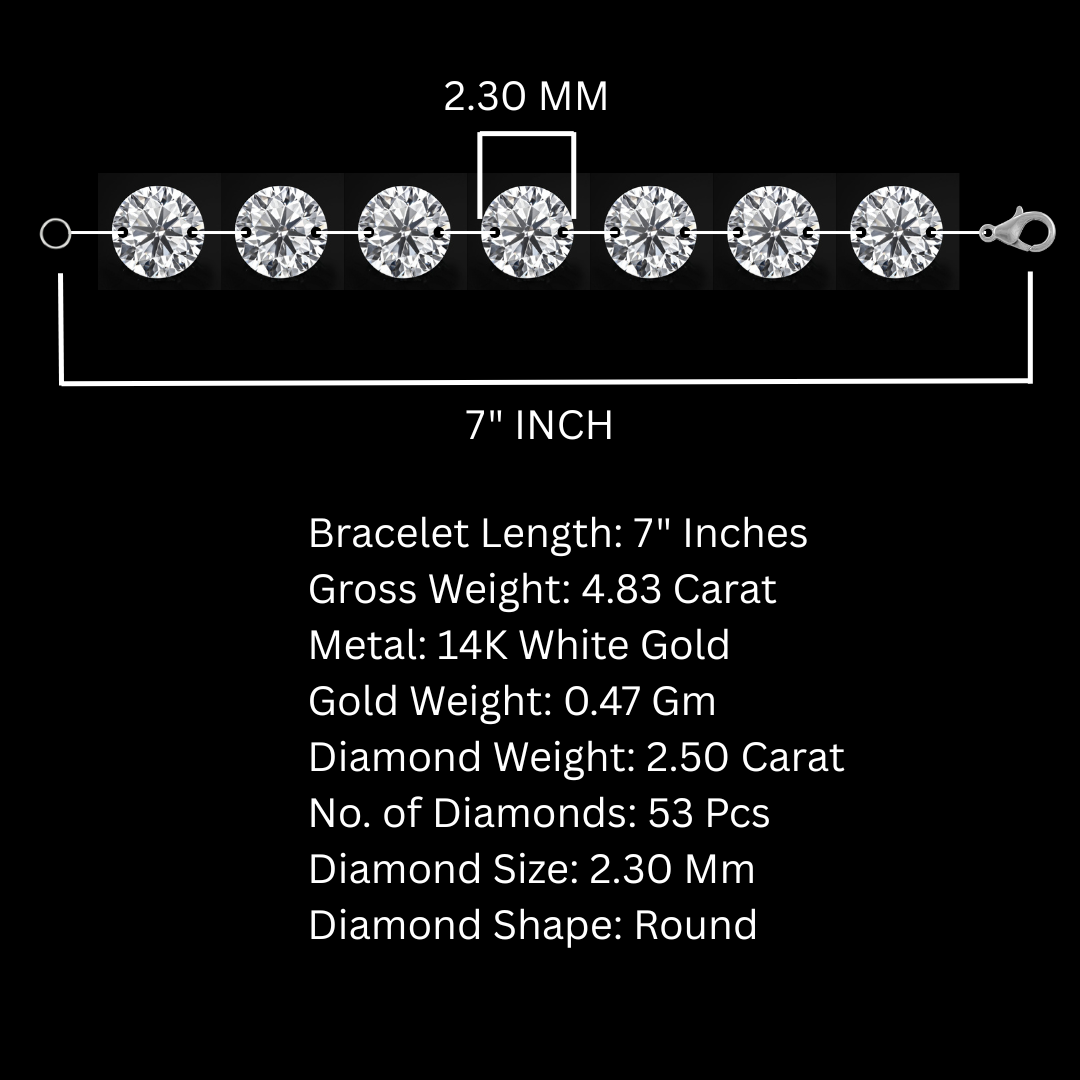 7 Inch Size 2.3 mm Tennis Bracelet for Women made by 2.50 carat Lab Diamonds Necklace