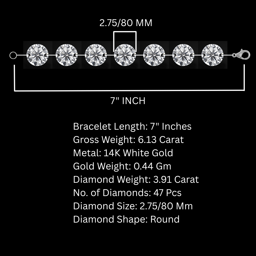 7" Inch Lab Diamond Tennis Bracelet for Women, 14k White Gold Made by Drilled Diamond