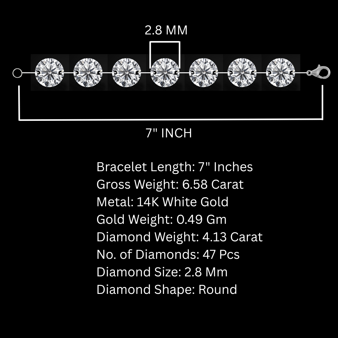 7" Inch, 2.8 Mm Diamond Tennis Bracelet, 14K White Gold, 4.13 Ct White Diamond Bracelet