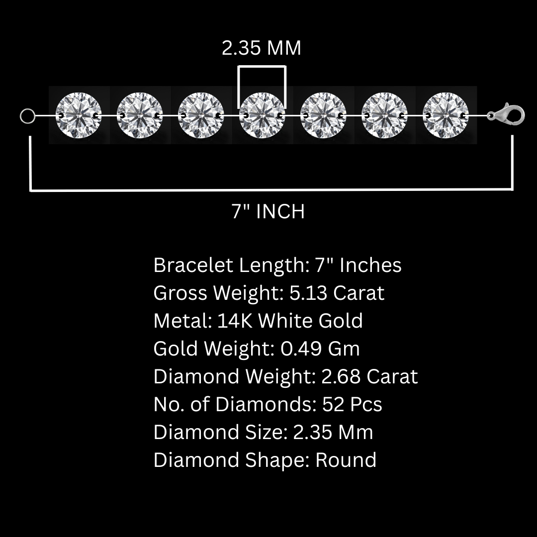 7" Inches 2.35 MM Tennis Diamond Bracelet 2.68 Ct Drilled Diamond with 14k White Gold
