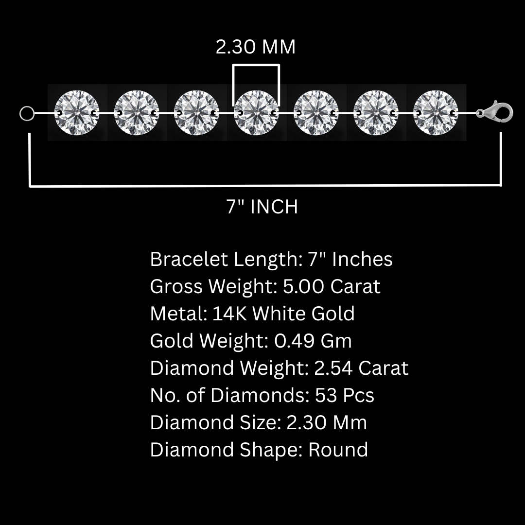 7" Inch Tennis Bracelet 2.30 MM Drilled Diamond 2.54 Carat Bracelet with 14k White Gold