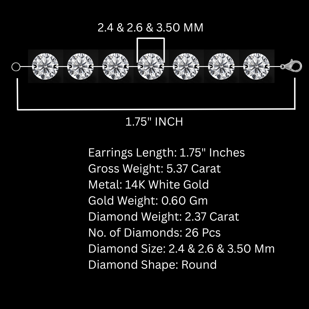 1.7" Drop Diamond Earrings 2.4, 2.6, 3.50 MM Tennis Earrings Lab Diamond 14k White Gold
