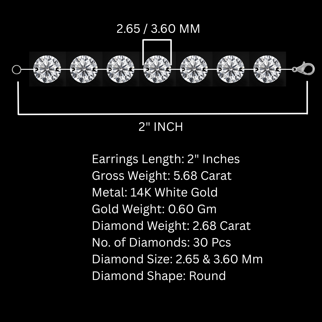 2" Inch, 2.60 / 3.58 MM Falling Diamond Tennis Earrings, 14K White Gold Diamond Earrings