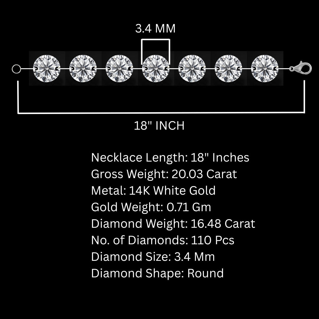 18 Inch Tennis Necklace for Women made by Lab Diamonds 16.48 carat Size 3.4 mm