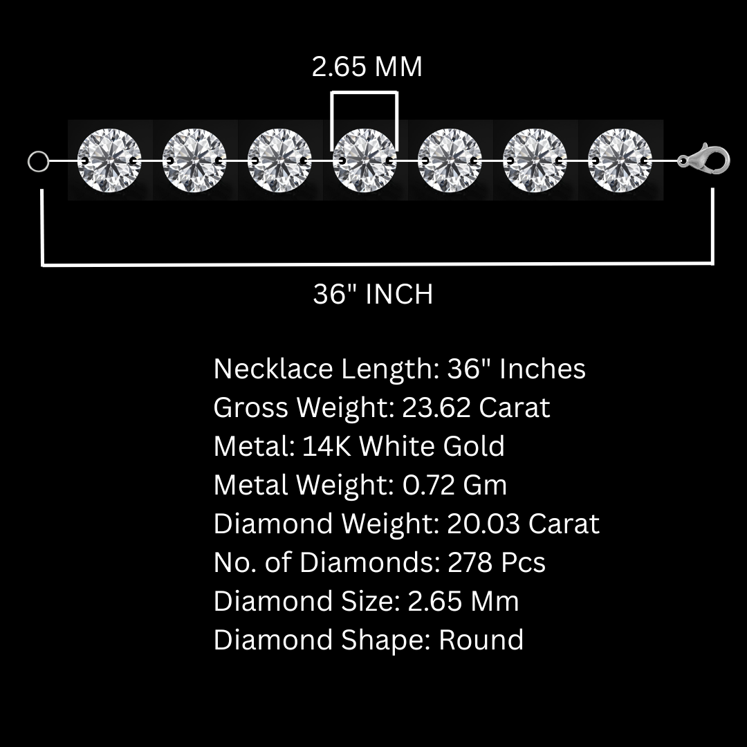36" Inch Tennis Necklace for Women made by Lab Diamonds 14.35 carat Size 3.2 mm