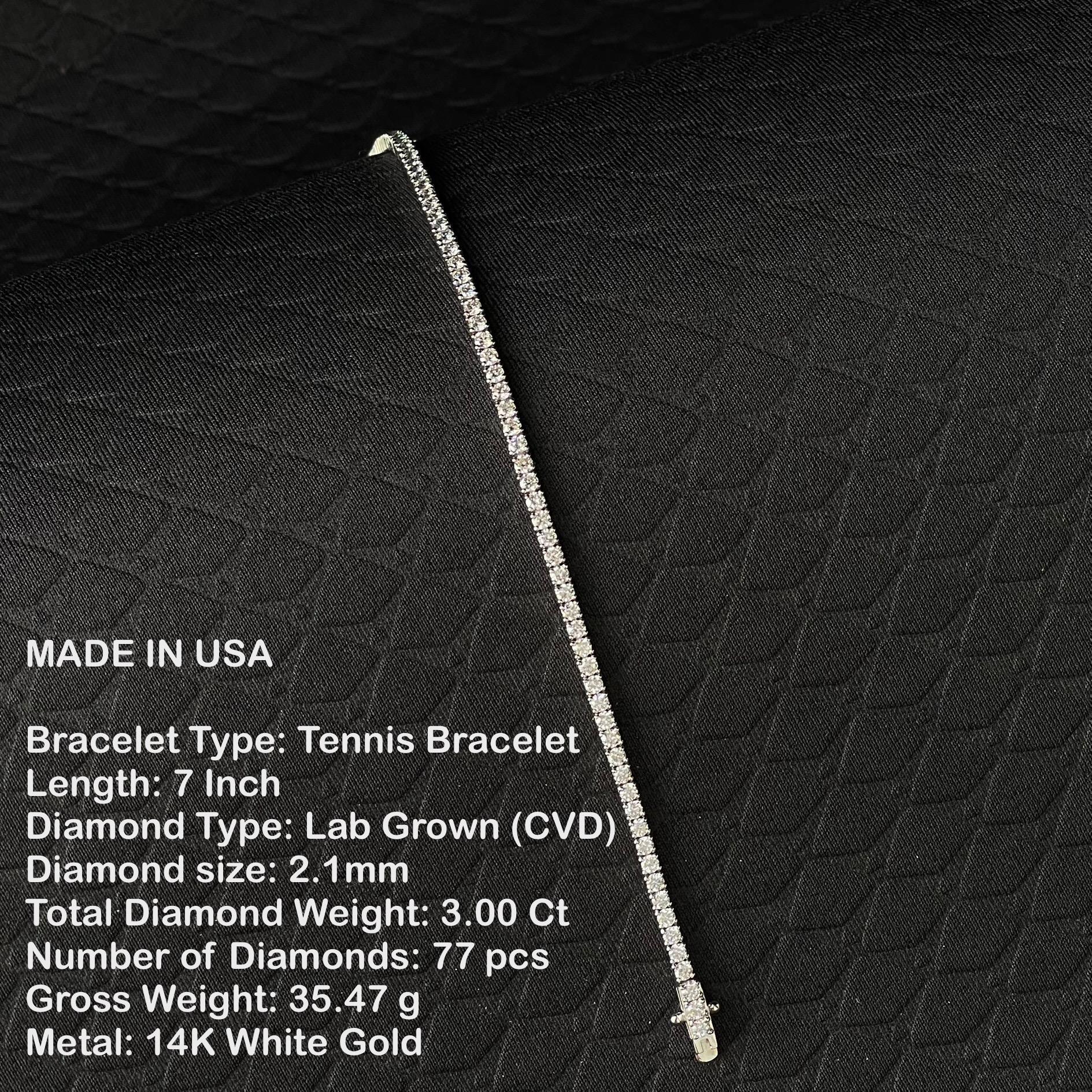 5 Ct Lab Grown Diamond Tennis Bracelet 14K White Gold 7 Inch