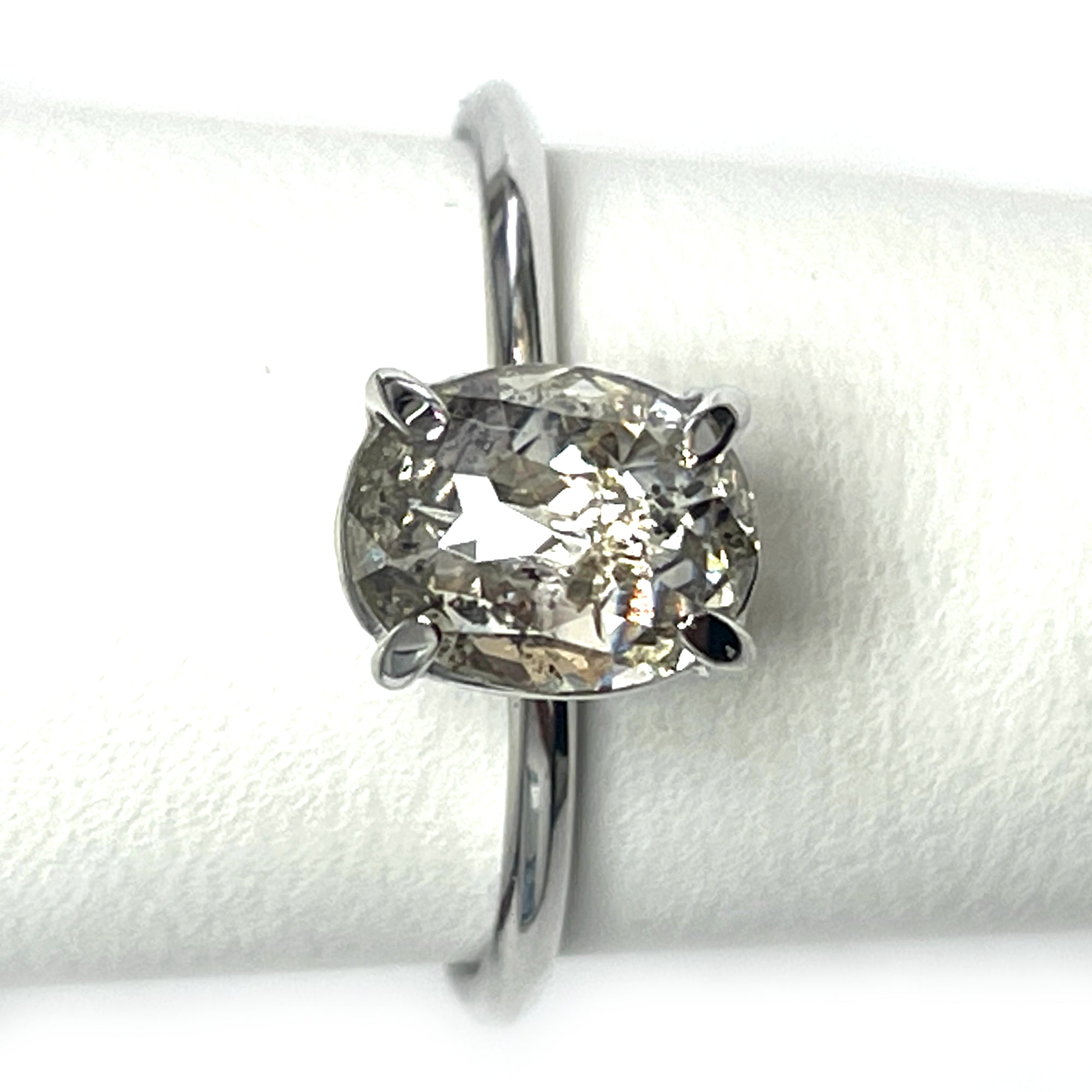 Salt And Pepper Oval Rose Cut Diamond Ring, 18K White Gold Wedding Ring
