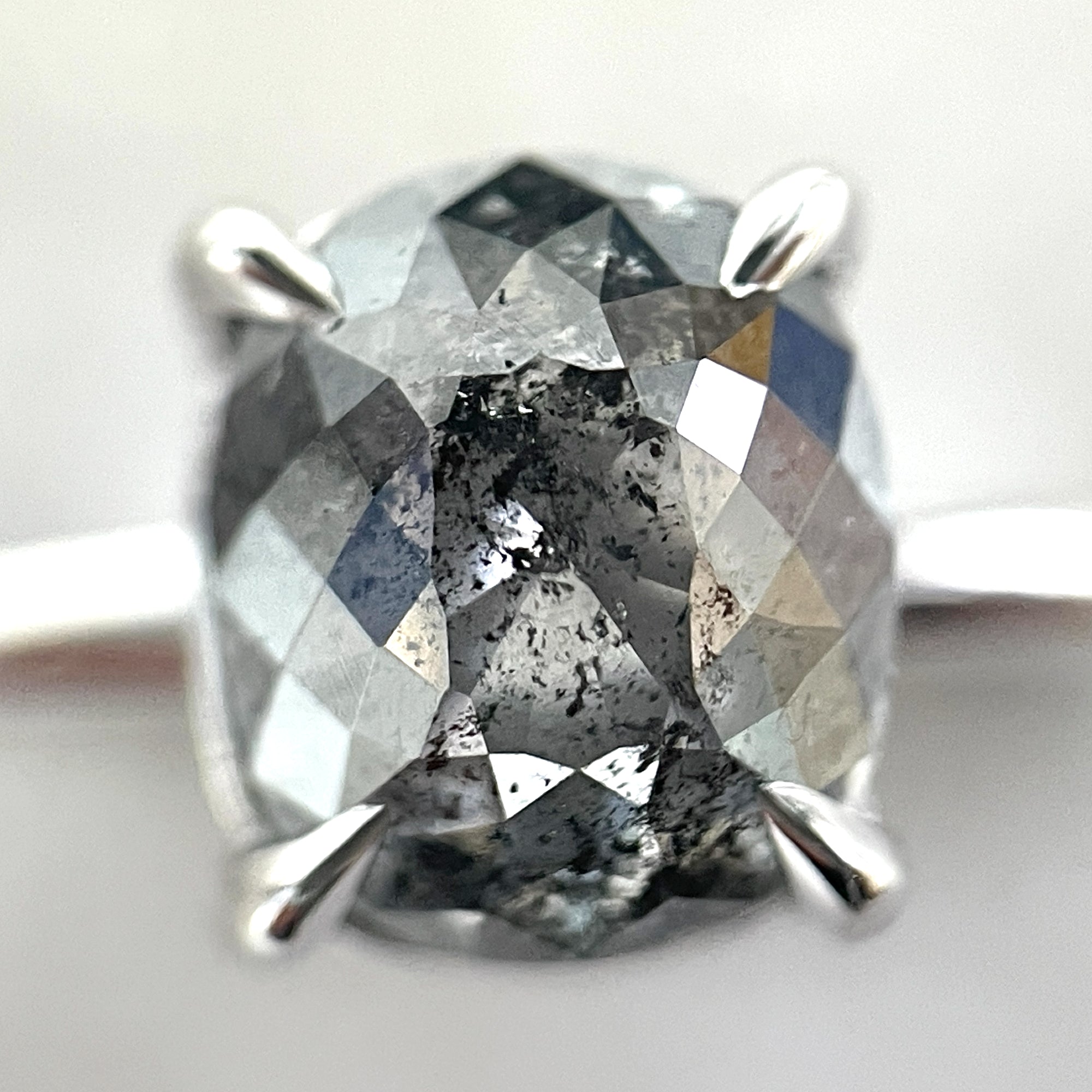 18K White Gold Diamond Engagement Ring, Oval Salt And Pepper Diamond Ring